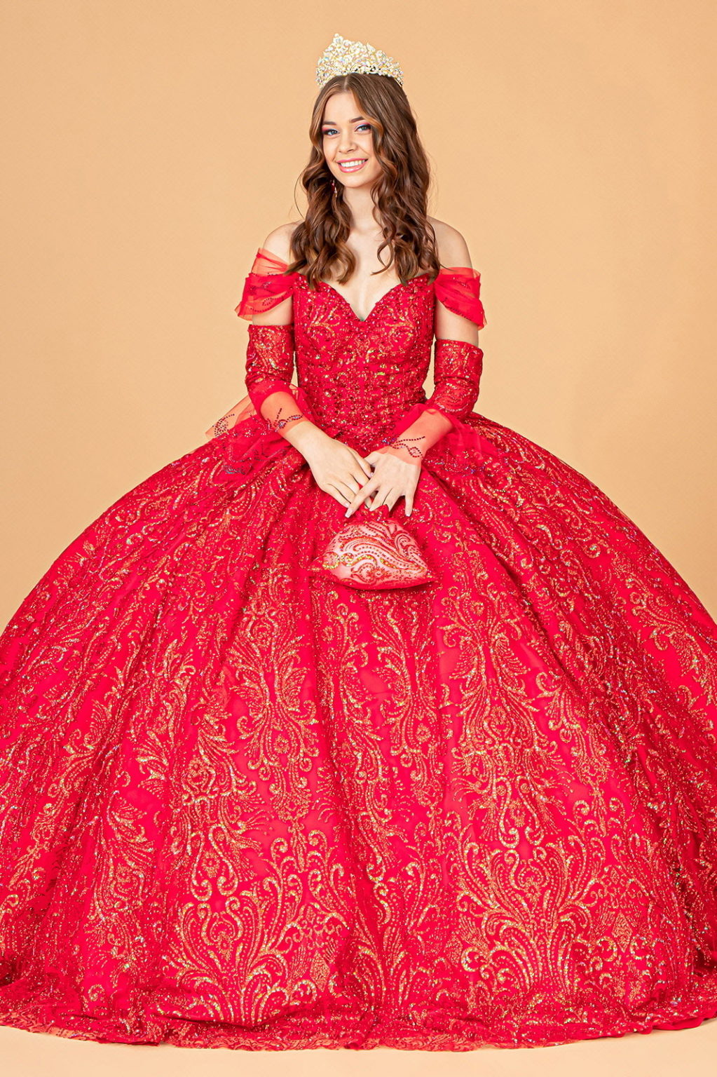 Jewel Mesh Quinceanera Dress w/ Mini Bag and Separate Long Sleeves-0