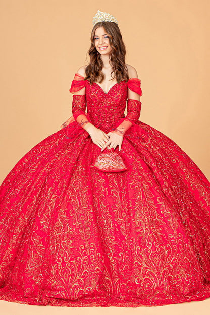 Jewel Mesh Quinceanera Dress w/ Mini Bag and Separate Long Sleeves-0