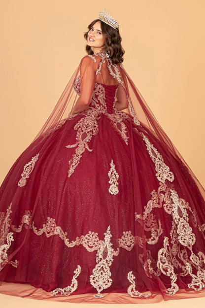 Glitter Jewel Embellished Quinceanera Gown w/ Long Mesh Cape-3