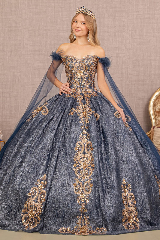 Feather Sequin Quinceanera Gown w/ Detachable Side Mesh Layer-0