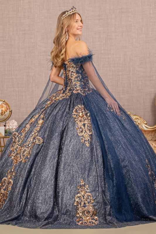 Feather Sequin Quinceanera Gown w/ Detachable Side Mesh Layer-1