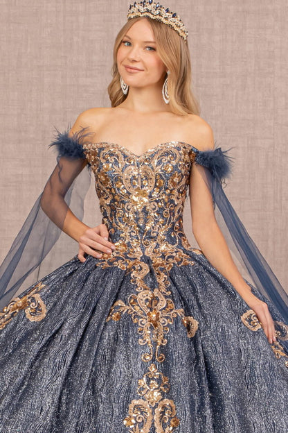 Feather Sequin Quinceanera Gown w/ Detachable Side Mesh Layer-2