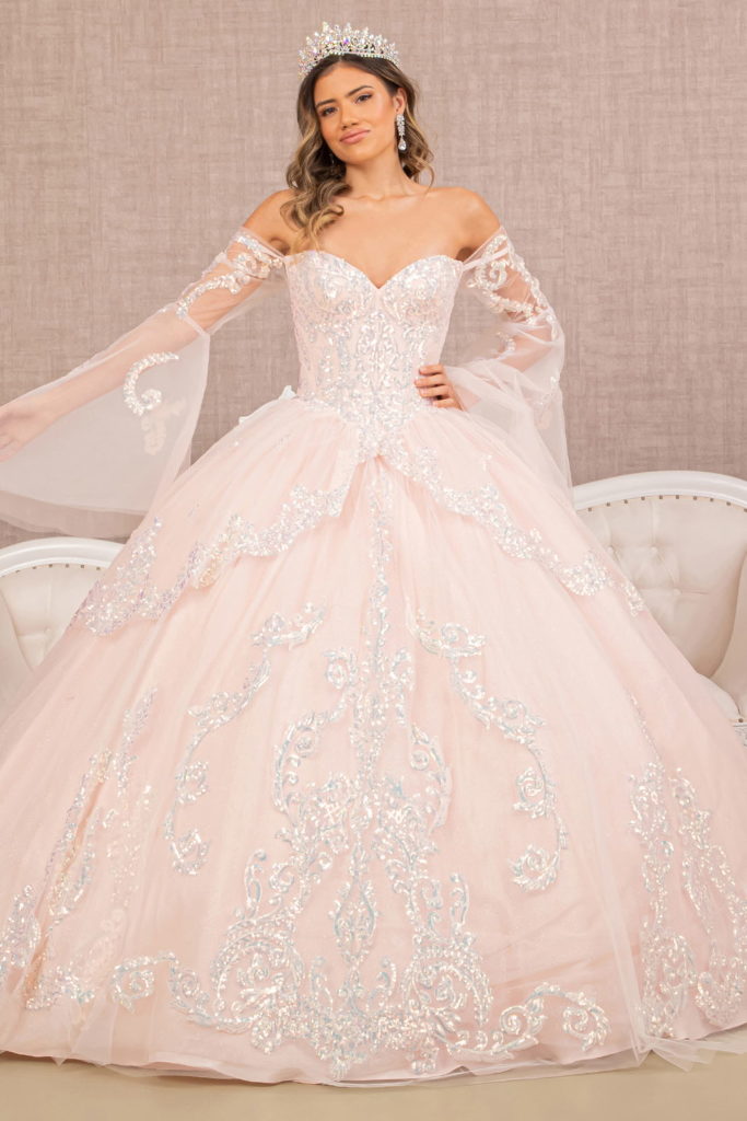 Glitter Layered Hem Quinceanera Gown w/ Long Mesh Sleeves-1