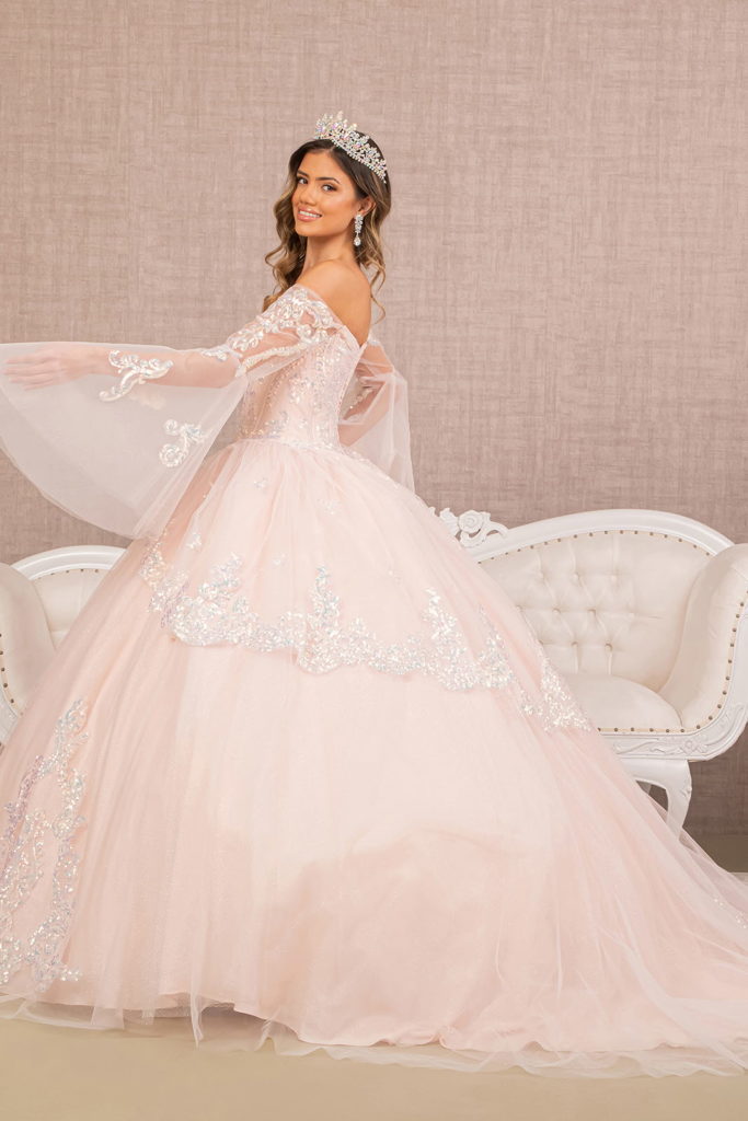 Glitter Layered Hem Quinceanera Gown w/ Long Mesh Sleeves-3