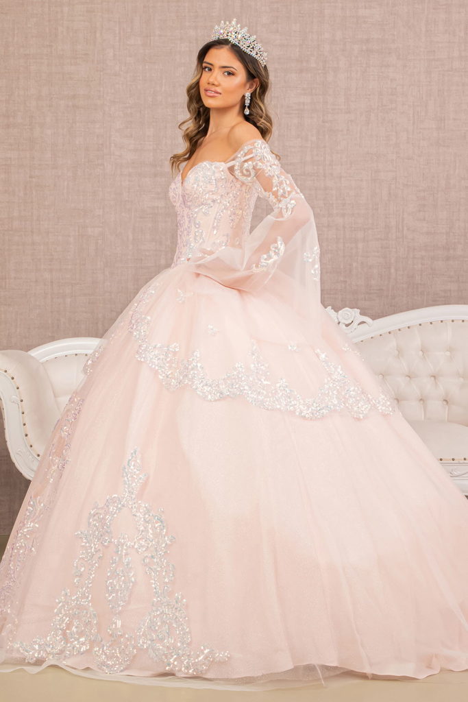 Glitter Layered Hem Quinceanera Gown w/ Long Mesh Sleeves-2