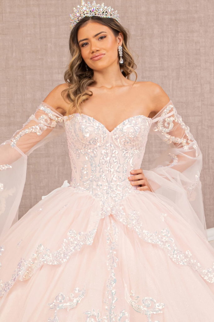 Glitter Layered Hem Quinceanera Gown w/ Long Mesh Sleeves-4