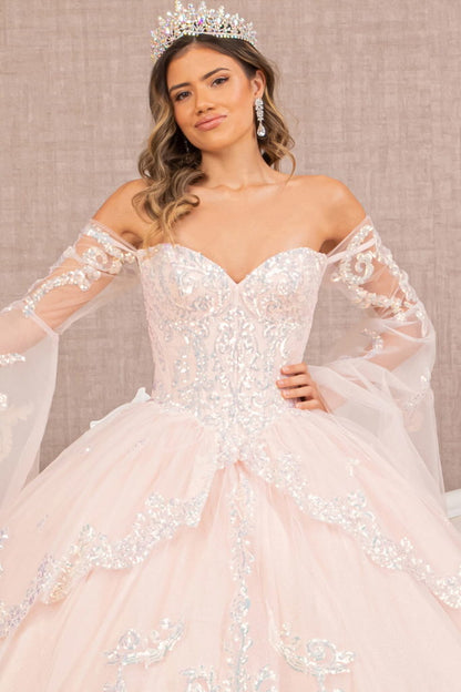 Glitter Layered Hem Quinceanera Gown w/ Long Mesh Sleeves-4