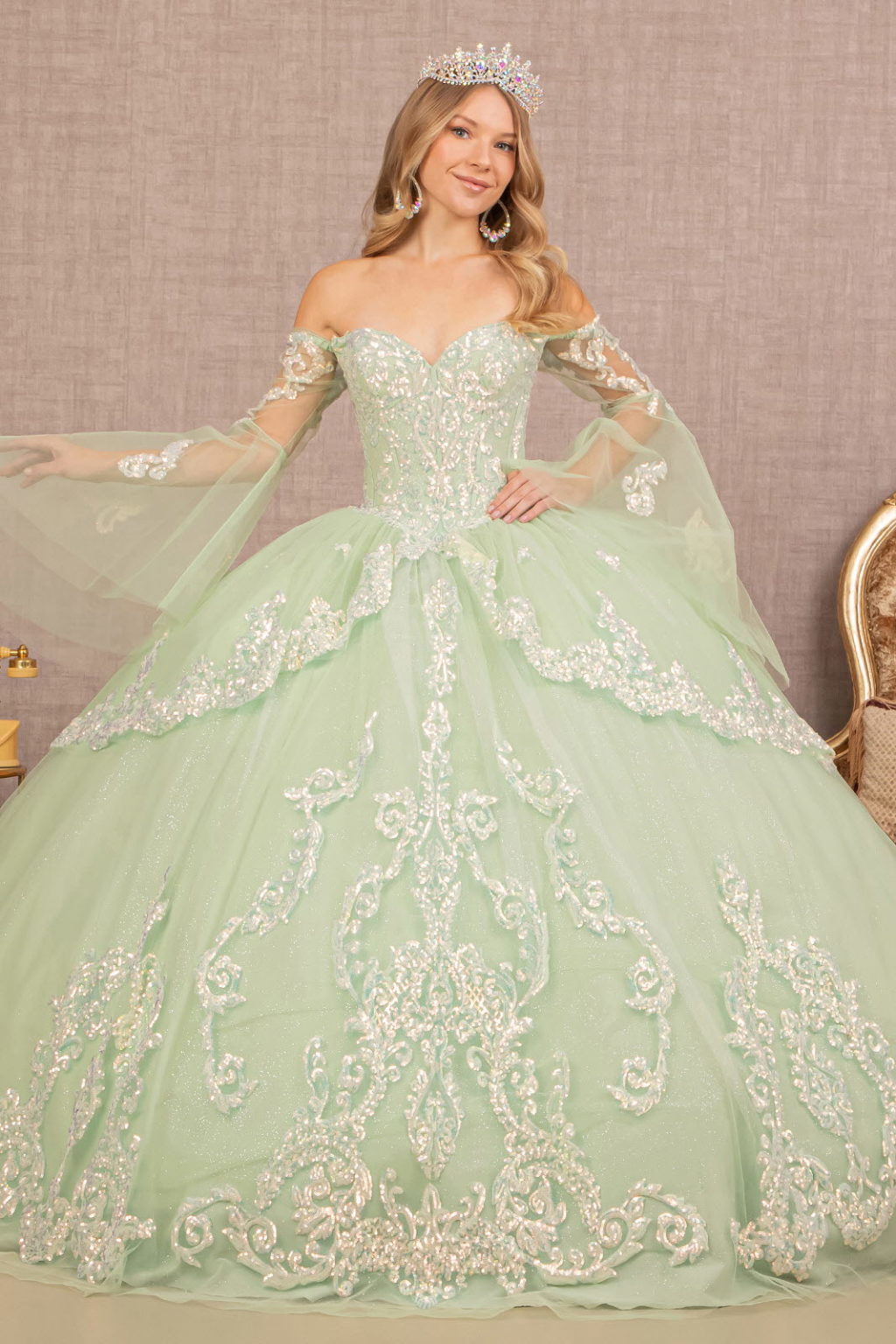 Glitter Layered Hem Quinceanera Gown w/ Long Mesh Sleeves-0
