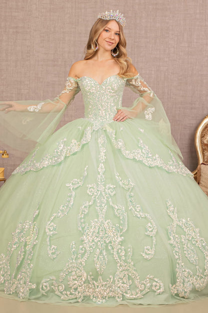 Glitter Layered Hem Quinceanera Gown w/ Long Mesh Sleeves-0