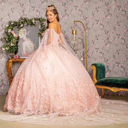 3-D Butterfly Applique Glitter Quinceanera Gown w/ Long Mesh Layer-3