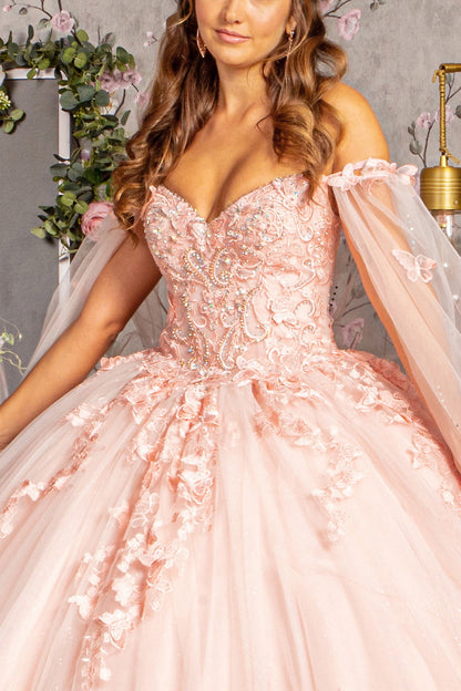 3-D Butterfly Applique Glitter Quinceanera Gown w/ Long Mesh Layer-4