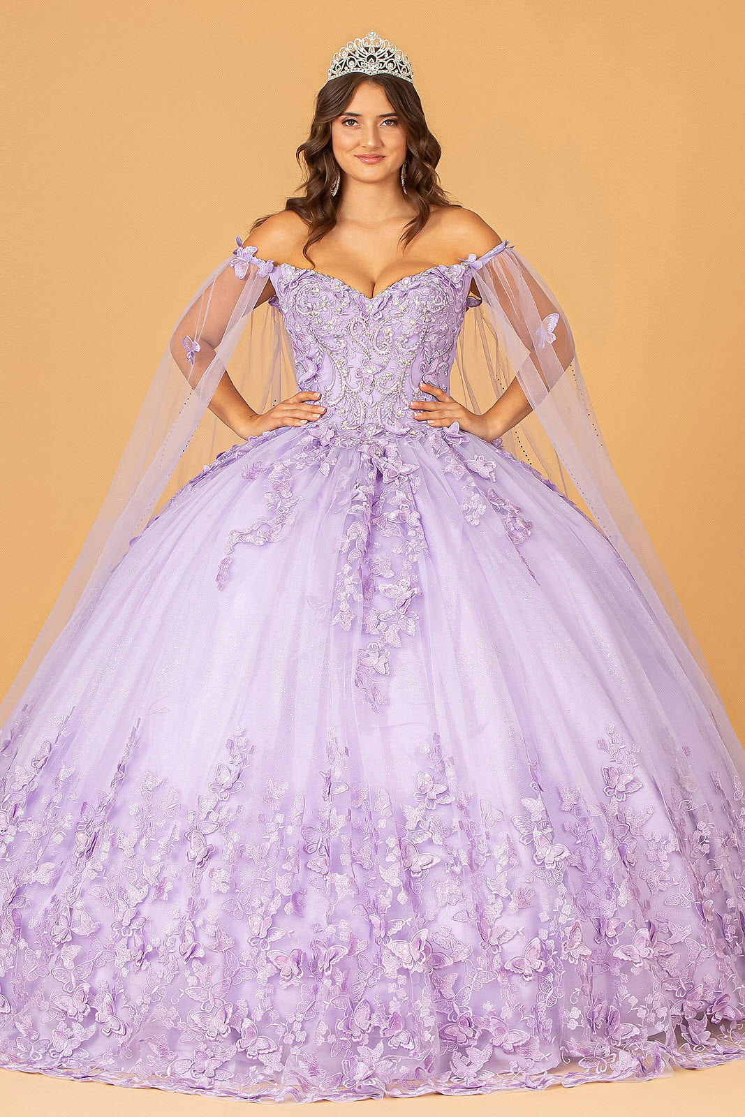 3-D Butterfly Applique Glitter Quinceanera Gown w/ Long Mesh Layer-5