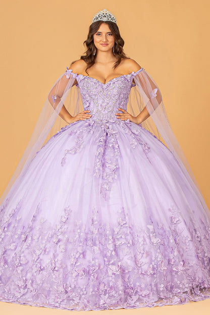 3-D Butterfly Applique Glitter Quinceanera Gown w/ Long Mesh Layer-5