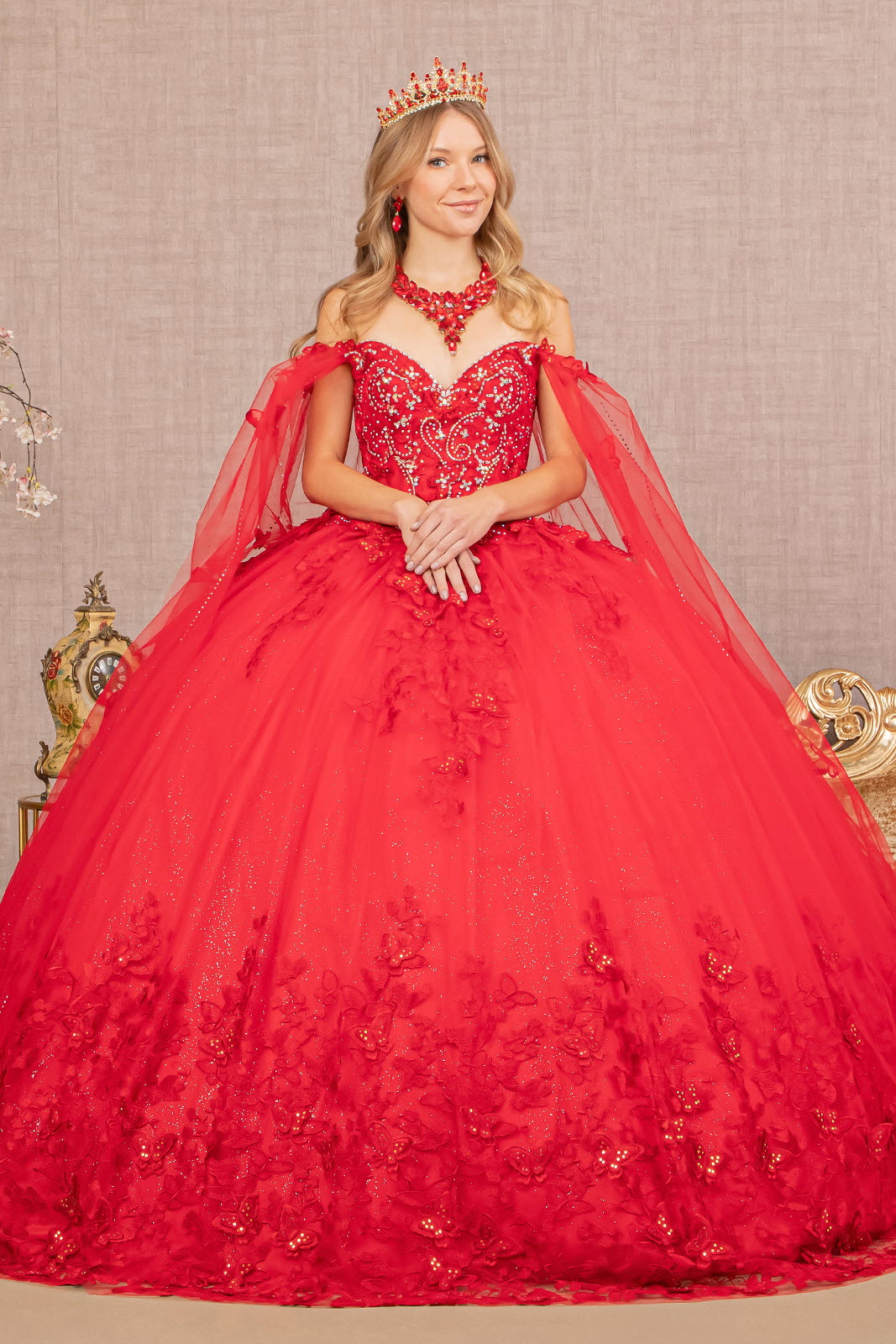 3-D Butterfly Applique Glitter Quinceanera Gown w/ Long Mesh Layer-6
