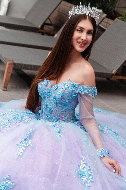 3D Floral Applique Embellished Cut-Away Shoulder Quinceanera Dress w/ Long Mesh Sleeve-3