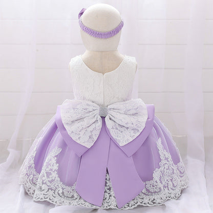 Baby Girl Floral Mesh Overlay Design Princess Full Moon Formal Dress & Headband-2
