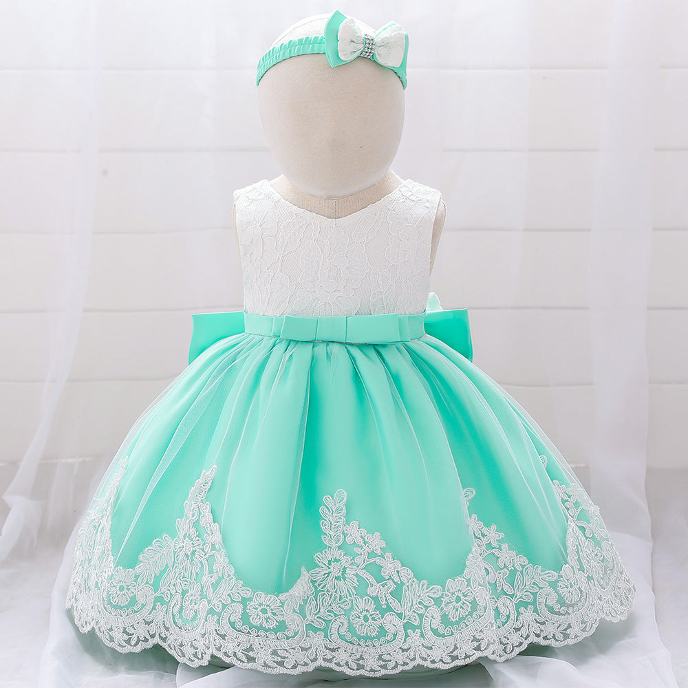 Baby Girl Floral Mesh Overlay Design Princess Full Moon Formal Dress & Headband-6