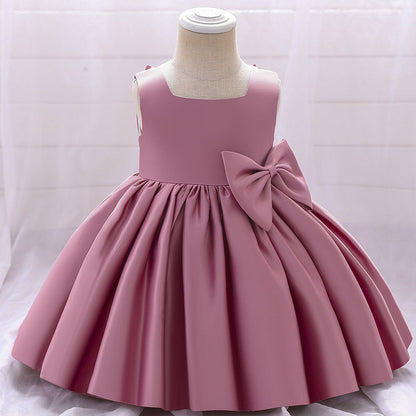 Baby Girl Solid Color Bow Patched Design Sleeveless Western Style Satin Dress-5