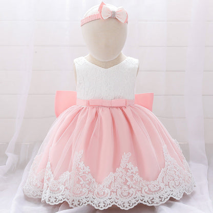 Baby Girl Floral Mesh Overlay Design Princess Full Moon Formal Dress & Headband-8