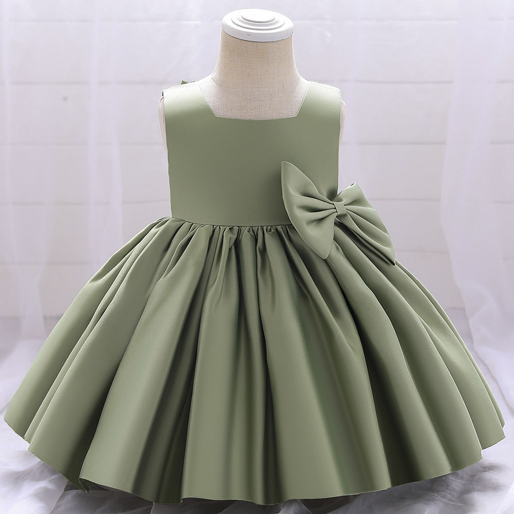 Baby Girl Solid Color Bow Patched Design Sleeveless Western Style Satin Dress-7
