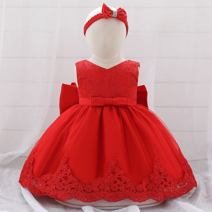 Baby Girl Floral Mesh Overlay Design Princess Full Moon Formal Dress & Headband-10